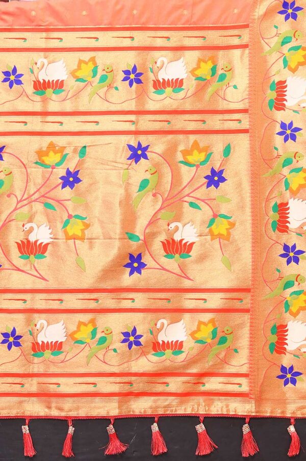 Peach Paithani Silk Saree with Floral and Parrot Motifs