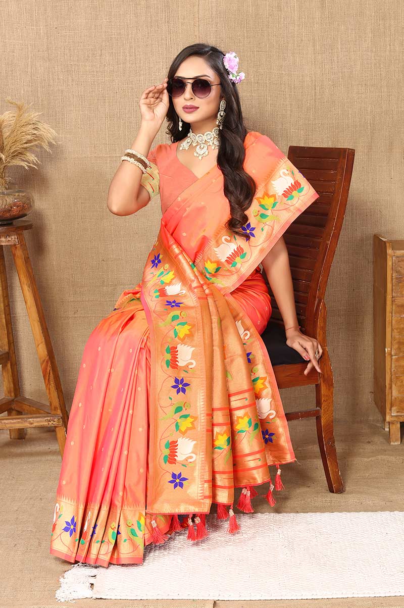 Peach Paithani Silk Saree with Floral and Parrot Motifs