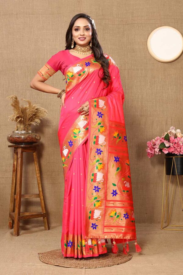 Pink Paithani Silk Saree with Floral and Parrot Motifs