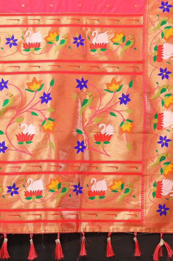 Pink Paithani Silk Saree with Floral and Parrot Motifs