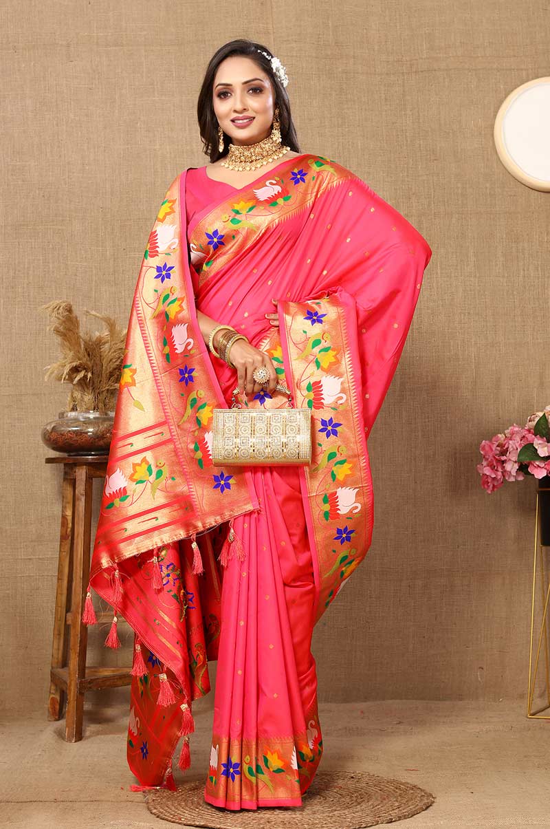 Pink Paithani Silk Saree with Floral and Parrot Motifs