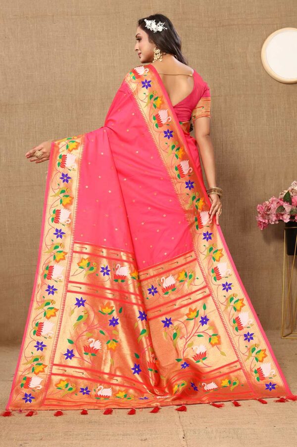 Pink Paithani Silk Saree with Floral and Parrot Motifs