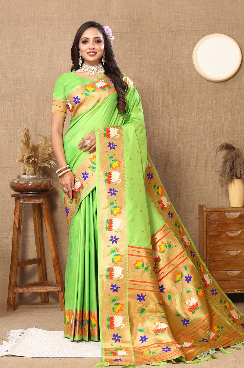 Pista Paithani Silk Saree with Floral and Parrot Motifs