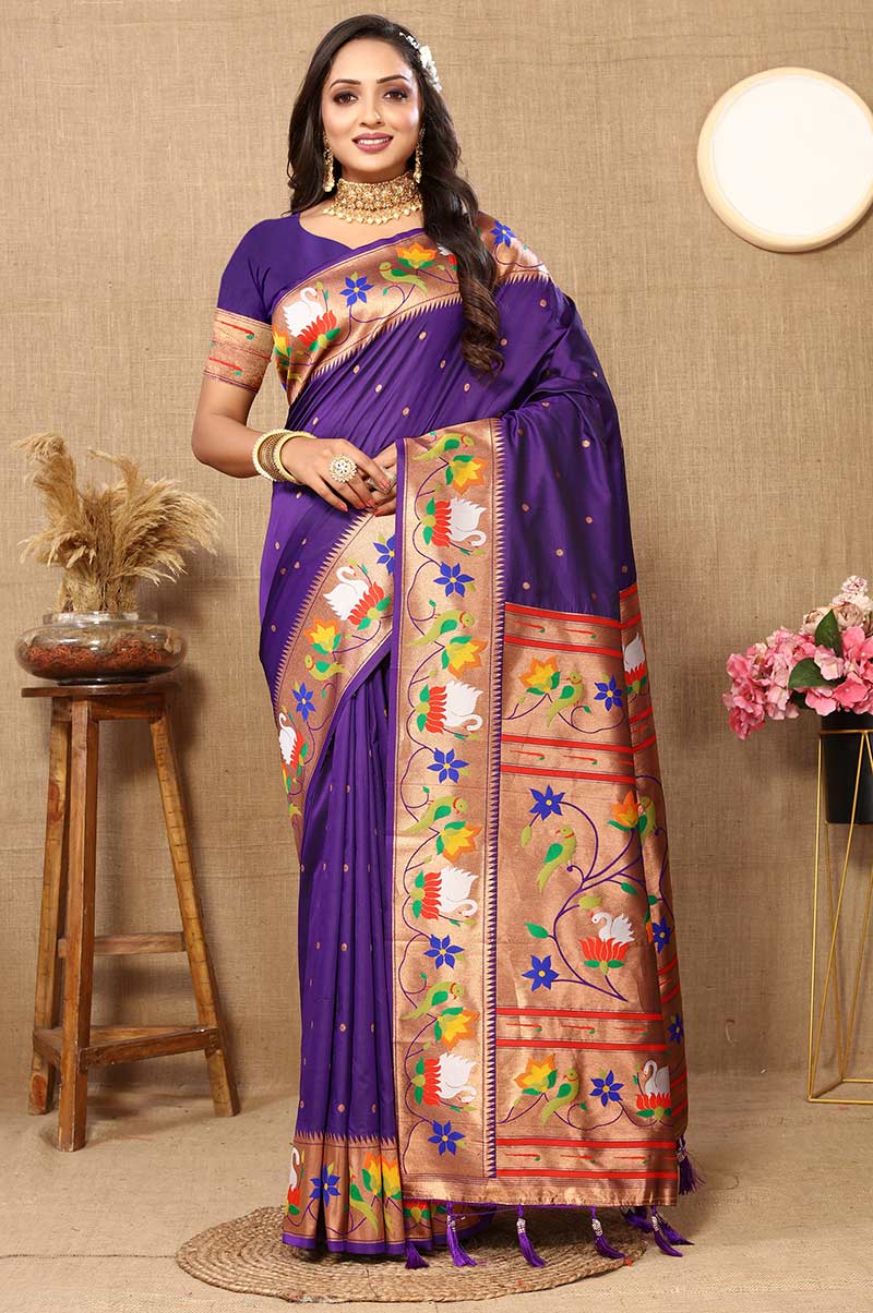 Purple Paithani Silk Saree with Floral and Parrot Motifs