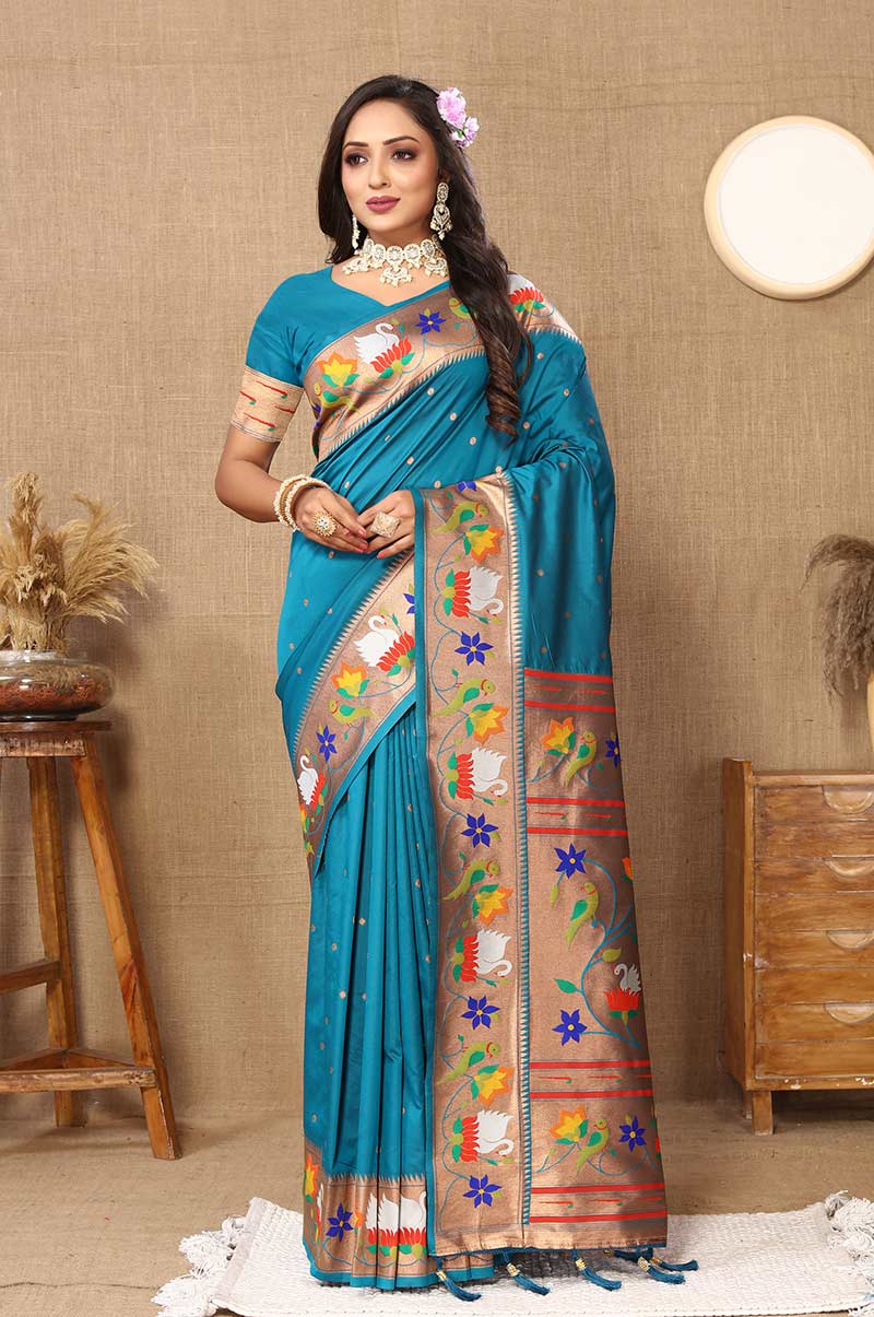 Rama Paithani Silk Saree with Floral and Parrot Motifs