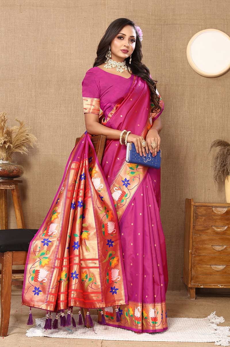 Rani Paithani Silk Saree with Floral and Parrot Motifs