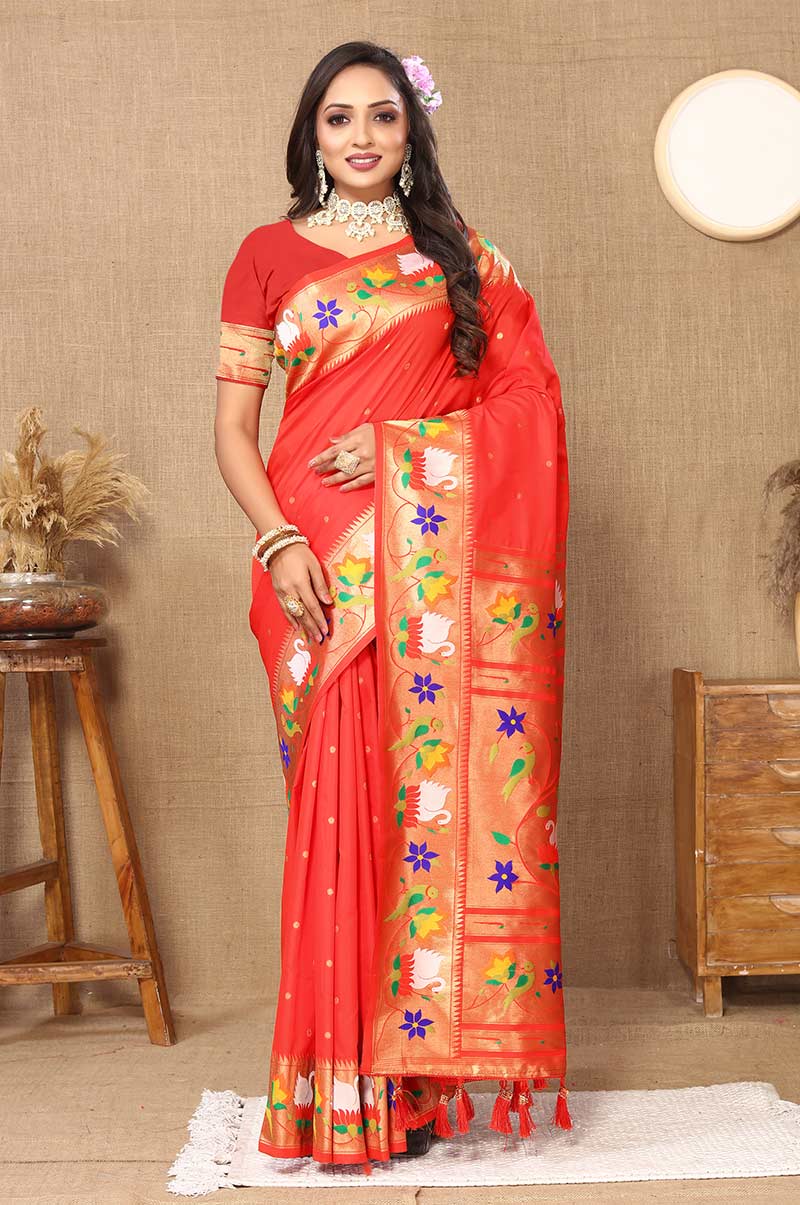 Red Paithani Silk Saree with Floral and Parrot Motifs