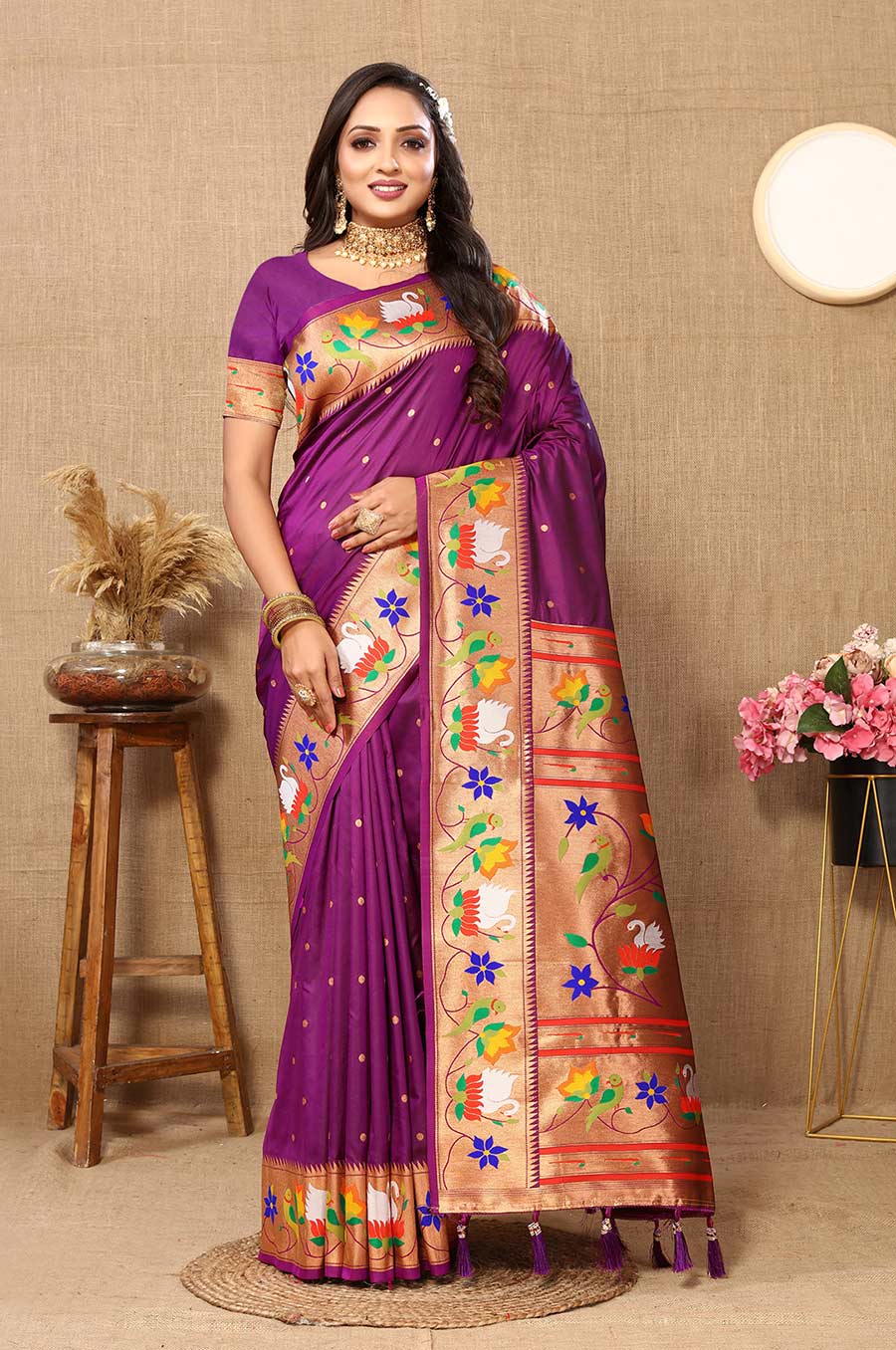 Regal Purple Paithani Silk Saree with Floral and Parrot Motifs