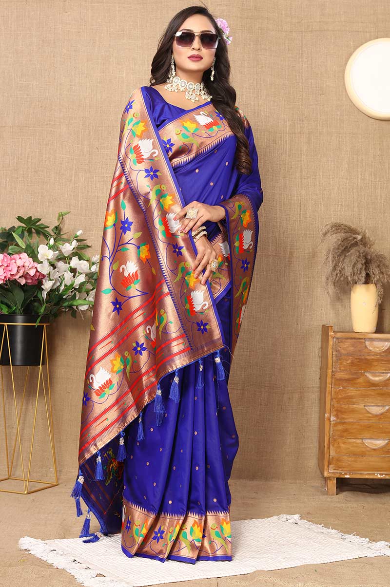 Royal Blue Paithani Silk Saree with Floral and Parrot Motifs