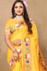 Yellow-Paithani-Silk-Saree-with-Floral-and-Parrot-Motifs