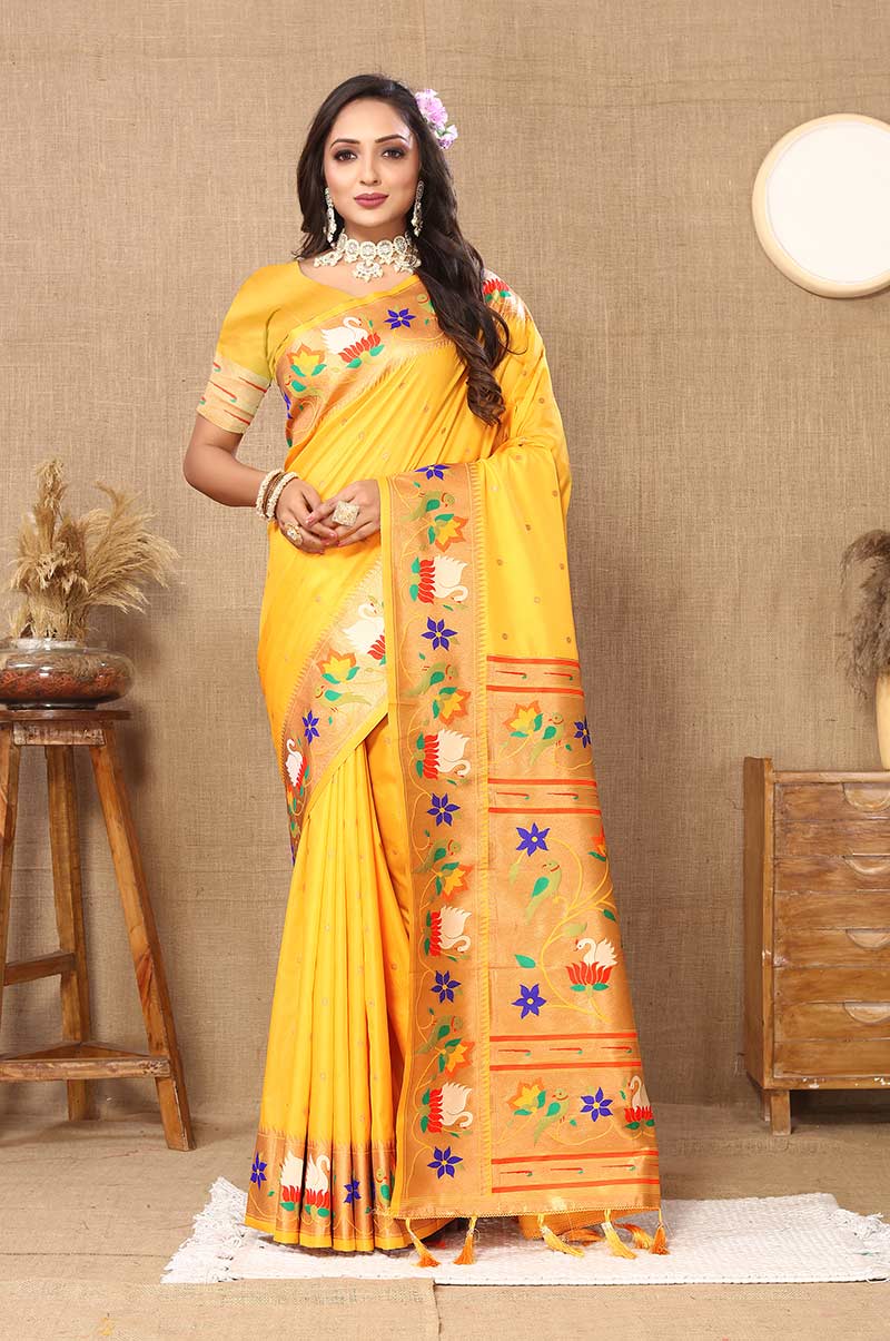 Yellow Paithani Silk Saree with Floral and Parrot Motifs