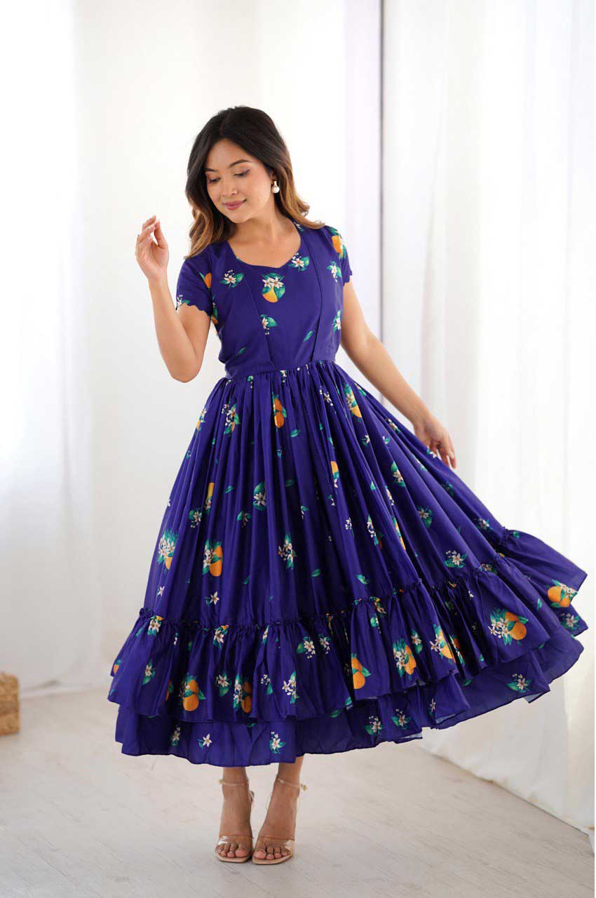 Royal Blue Floral Muslin Kurti with Double Frill Design
