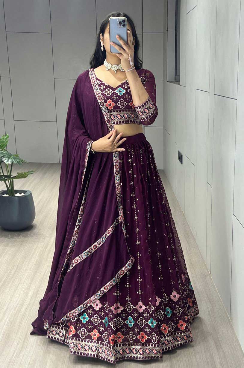 Wine Embroidered Sequence Work Lehenga Choli Set for Women