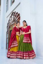 1-Yellow-and-1-green-Pure-Chanderi-Lehenga-Choli-with-Maroon-Zari-Weaving-Dupatta