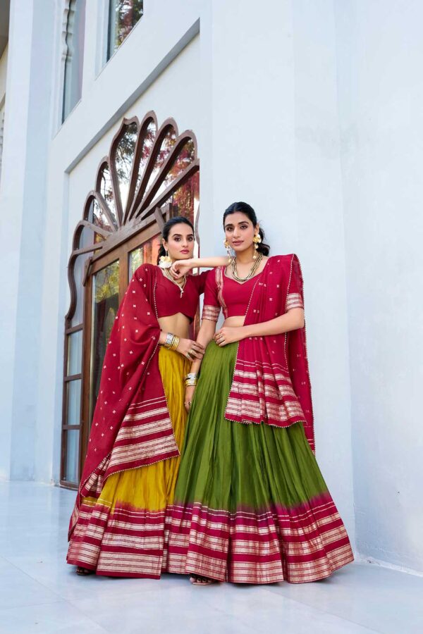 1 Yellow and 1 Green Pure Chanderi Lehenga Choli with Maroon Zari Weaving Dupatta