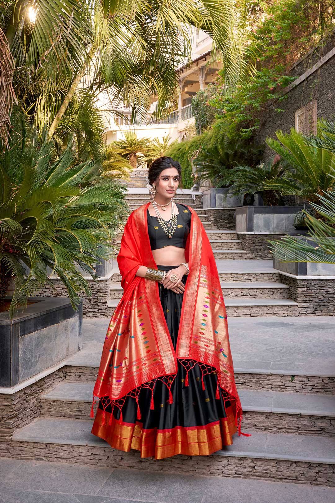 Black Jacquard Silk Paithani Lehenga Choli with Rich Red Zari Weaving Dupatta
