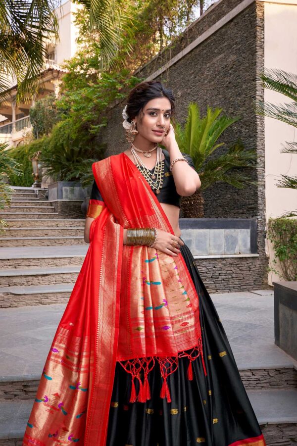 Black Jacquard Silk Paithani Lehenga Choli with Rich Red Zari Weaving Dupatta