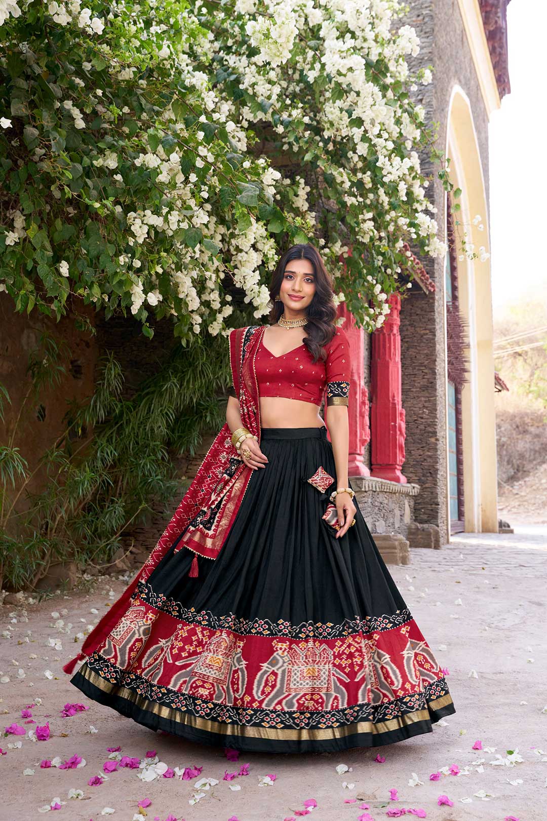 Black Tussar Silk Lehenga Choli with Maroon Patola Print Dupatta
