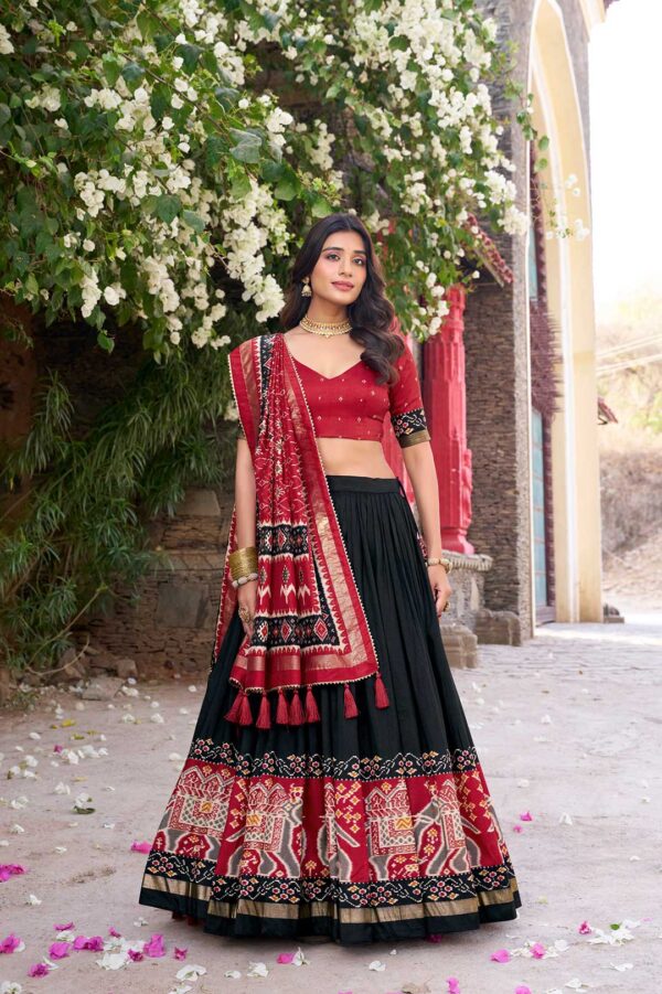 Black Tussar Silk Lehenga Choli with Maroon Patola Print Dupatta
