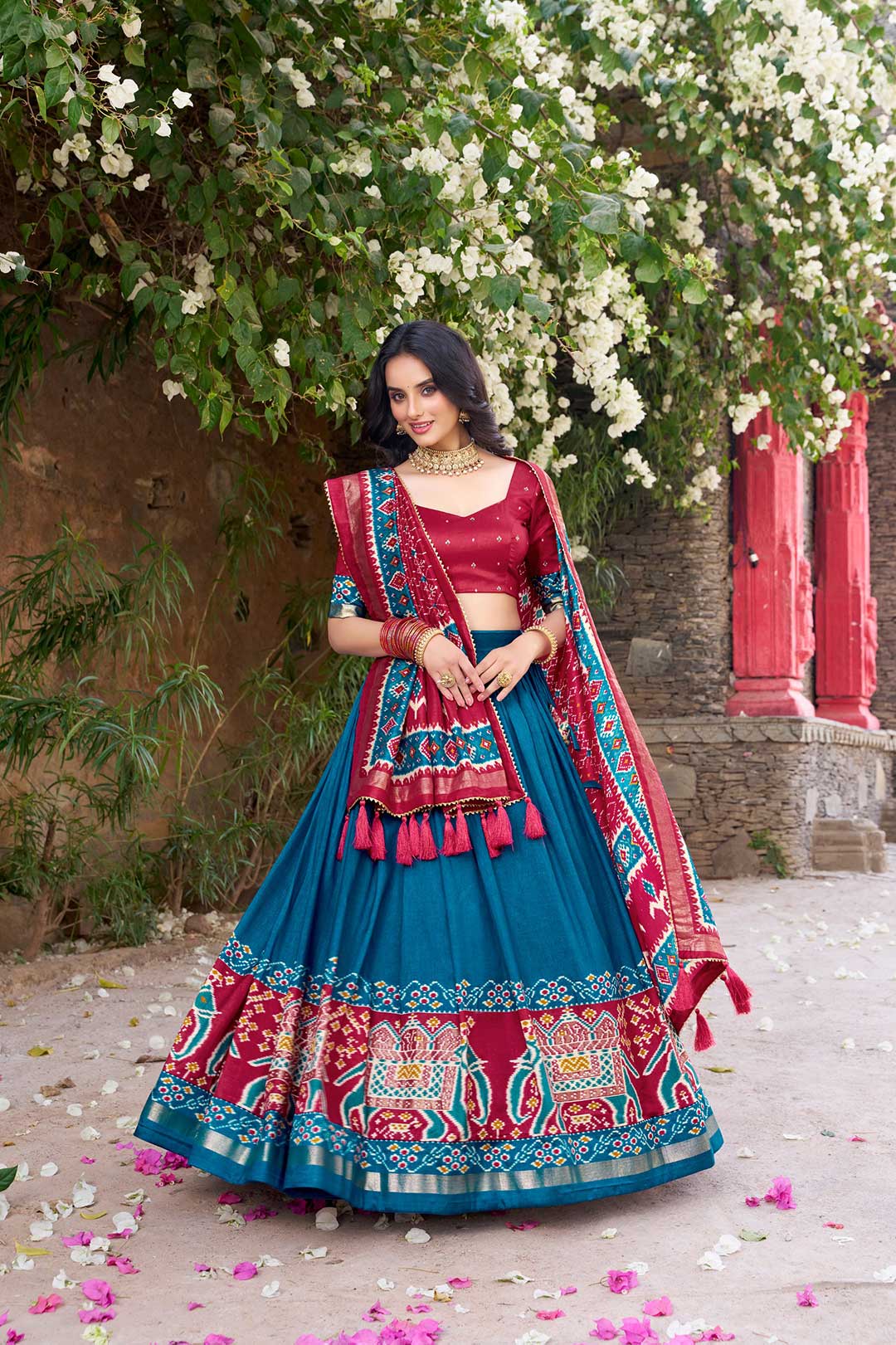 vBlue Patola Print Tussar Silk Lehenga Choli with Tassel Dupatta