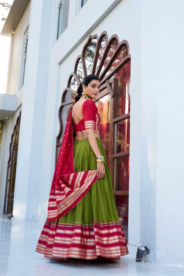 Elegant Green Chanderi Lehenga Choli with Maroon Blouse & Dupatta