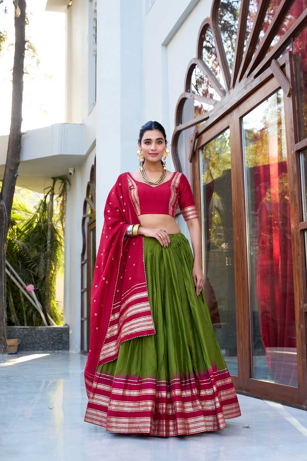 Elegant Green Chanderi Lehenga Choli with Maroon Blouse & Dupatta