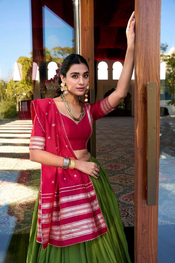 Elegant Green Chanderi Lehenga Choli with Maroon Blouse & Dupatta