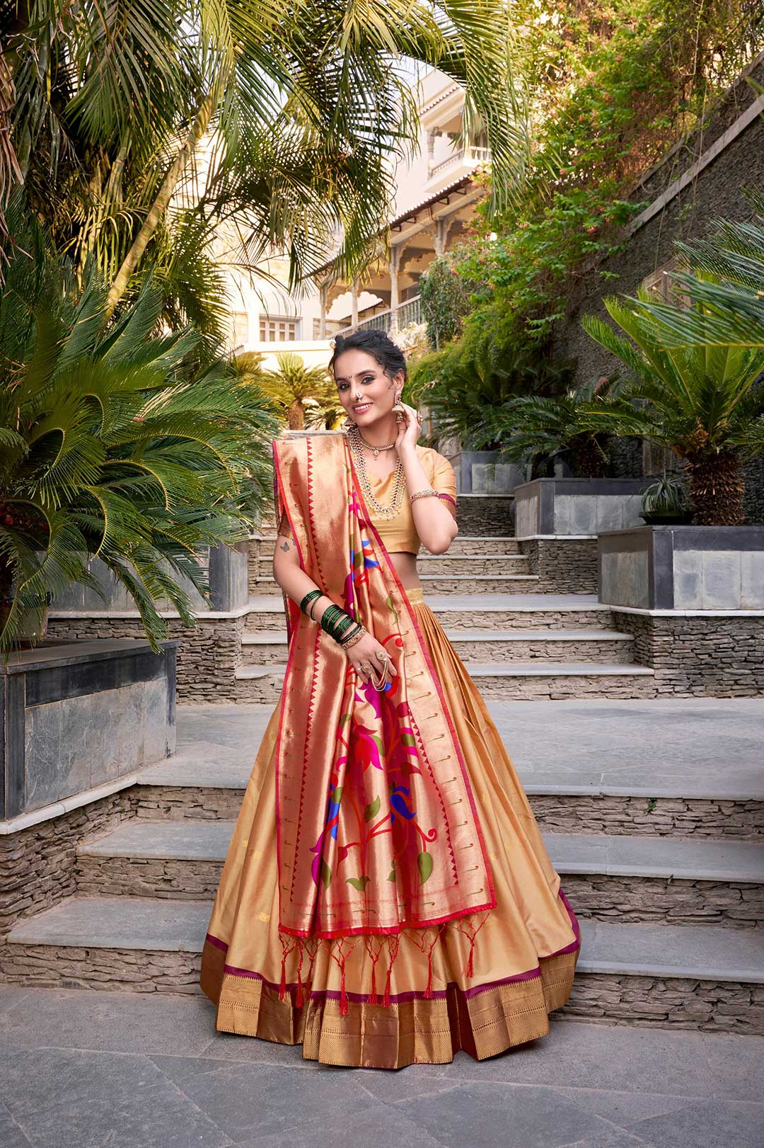 Golden Paithani Jacquard Silk Lehenga Choli with Multicolor Zari Weaving Dupatta