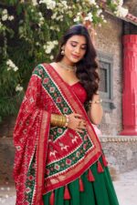 Green-Tussar-Silk-Lehenga-Choli-with-Red-Patola-Print-Dupatta