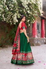Green-Tussar-Silk-Lehenga-Choli-with-Red-Patola-Print-Dupatta-2