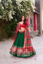 Green-Tussar-Silk-Lehenga-Choli-with-Red-Patola-Print-Dupatta-4