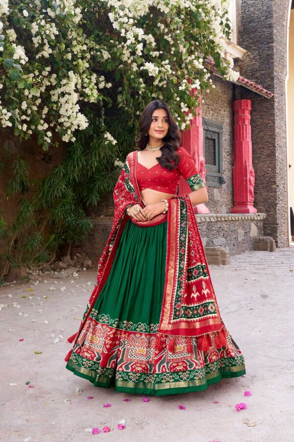 Green Tussar Silk Lehenga Choli with Red Patola Print Dupatta