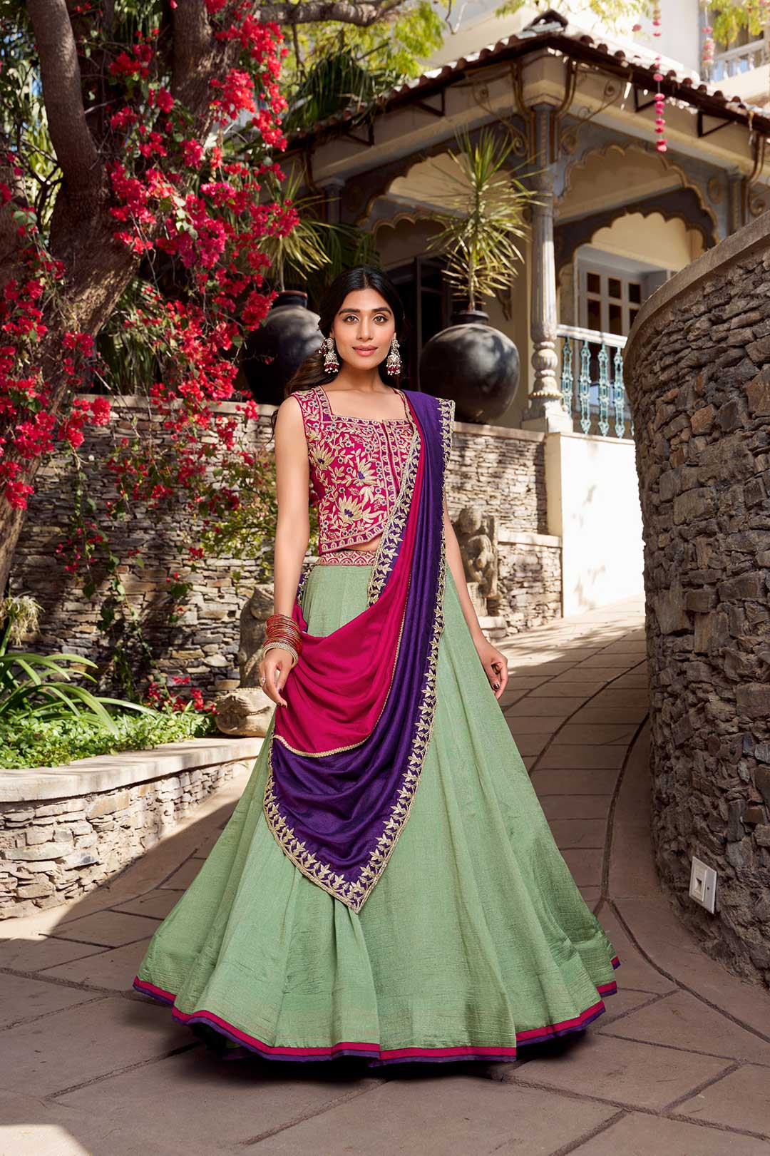 Mint Green Vichitra Silk Lehenga Choli with Dual-Tone Dupatta