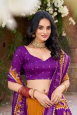 Mustard-Tussar-Silk-Patola-Print-Lehenga-Choli-with-Purple-Dupatta