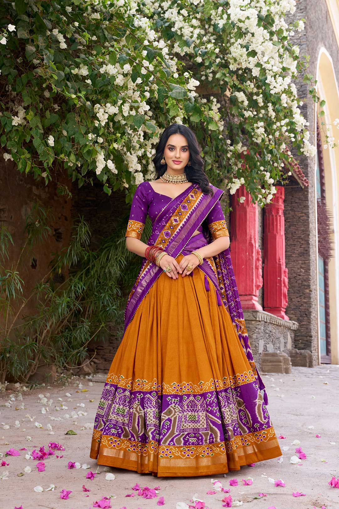 Mustard Tussar Silk Patola Print Lehenga Choli with Purple Dupatta