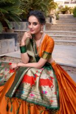 Orange-Jacquard-Silk-Paithani-Lehenga-Choli-with-Green-Zari-Weaving-Dupatta