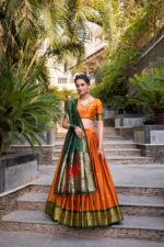 Orange-Jacquard-Silk-Paithani-Lehenga-Choli-with-Green-Zari-Weaving-Dupatta-2