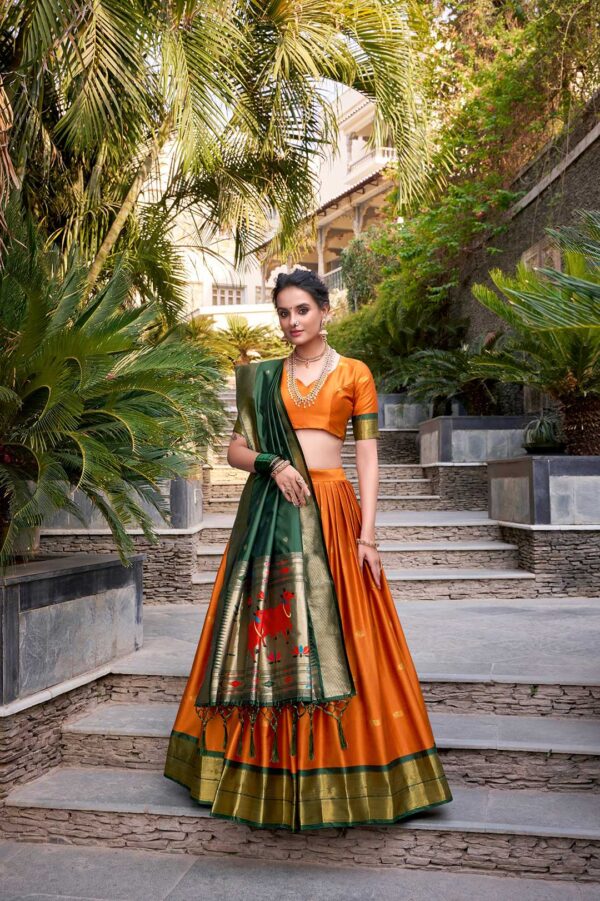Orange Jacquard Silk Paithani Lehenga Choli