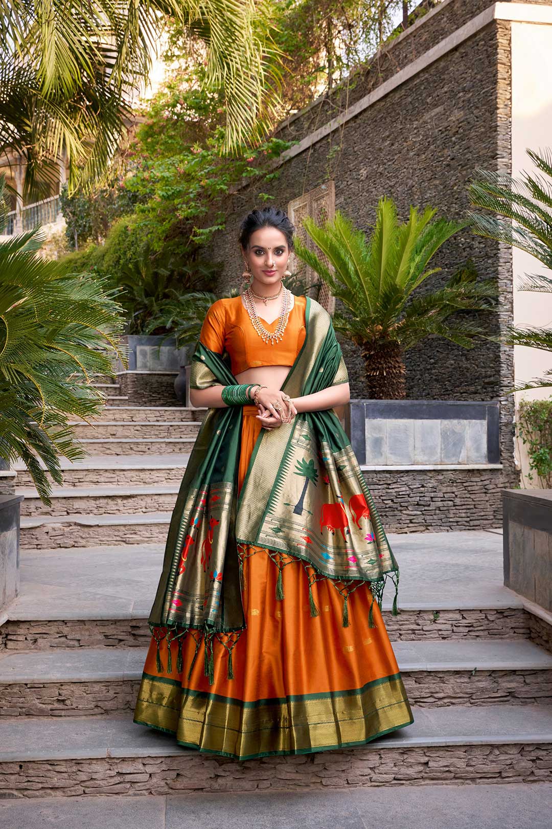Orange Jacquard Silk Paithani Lehenga Choli