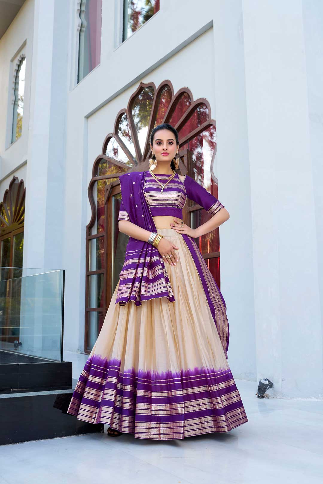 Purple Pure Chanderi Lehenga Choli with Cream Skirt and Zari Weaving Dupatta