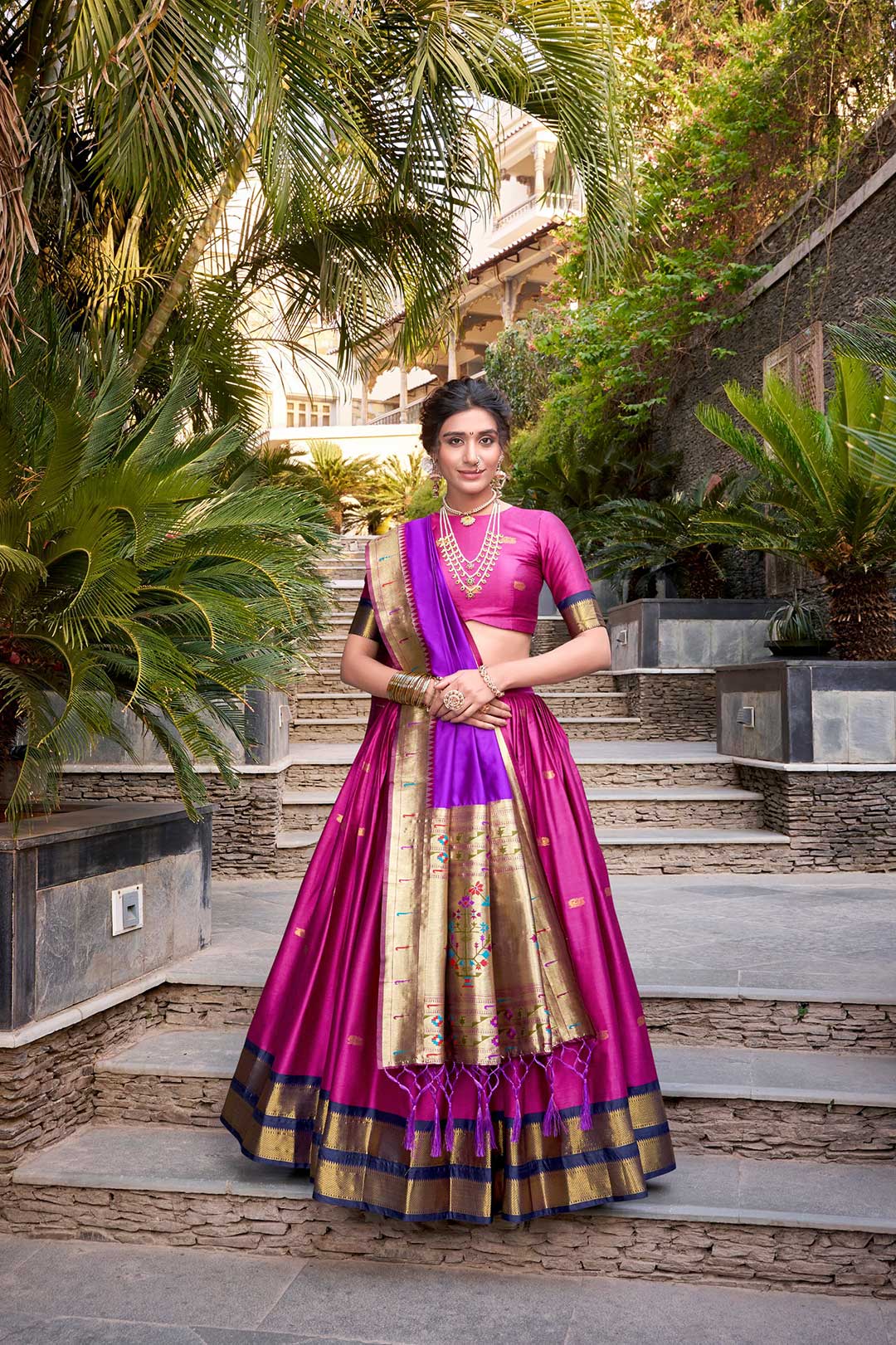 Royal Pink Paithani Jacquard Silk Lehenga Choli with Zari Weaving and Tassel Dupatta