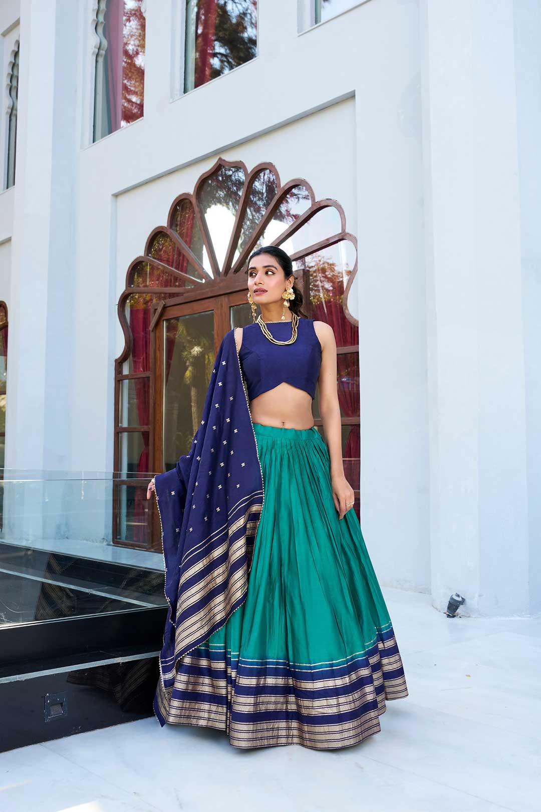 Teal Green Chanderi Lehenga Choli with Navy Blue Blouse & Dupatta
