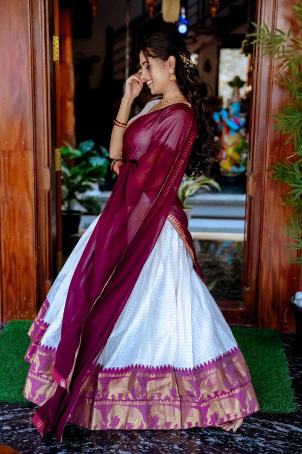 White Poly Cotton Lehenga Choli with Wine Georgette Dupatta