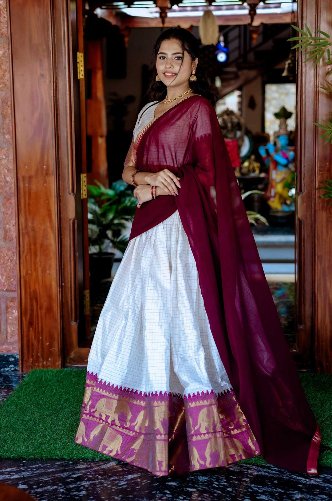White Poly Cotton Lehenga Choli with Wine Georgette Dupatta