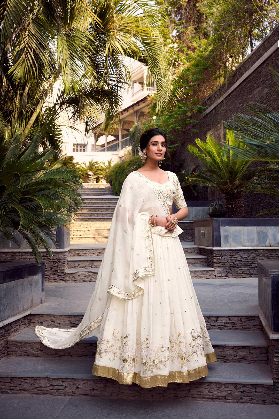 White Silver Glossy Designer Lehenga Choli with Golden Zari, Sequins & Foil Embroidery