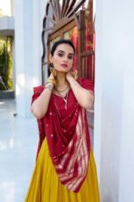 Yellow-Pure-Chanderi-Lehenga-Choli-with-Maroon-Zari-Weaving-Dupatta