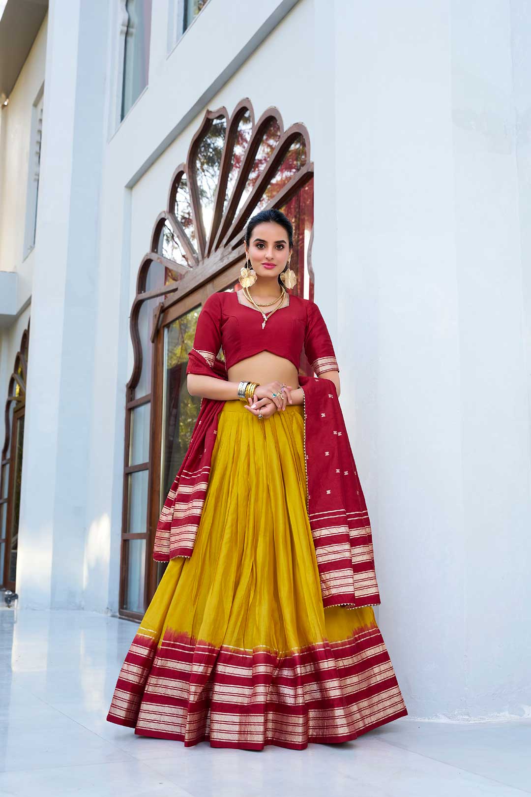 Yellow Pure Chanderi Lehenga Choli with Maroon Zari Weaving Dupatta