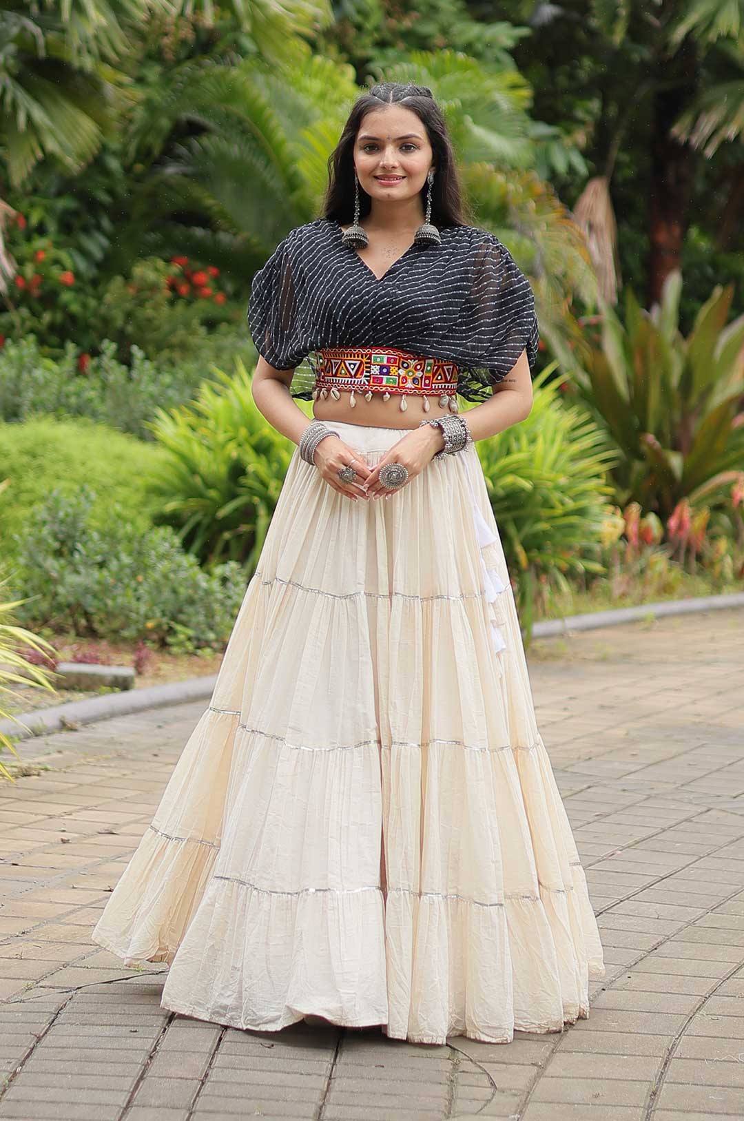 Black Designer Kora Cottan Lehenga With Leheriya & Kutchi Patchwork Blouse