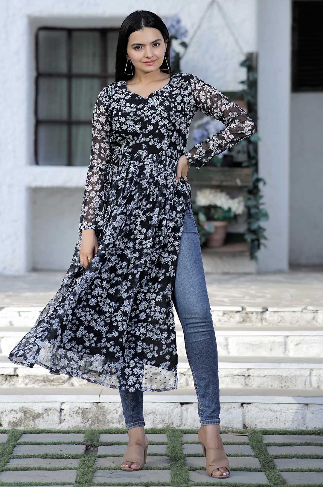 Black Floral Print Georgette Kurta with Side Slits and Full Sleeves