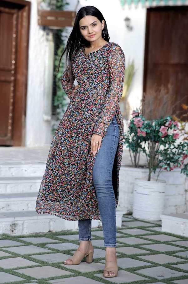 Black Floral Print Georgette Kurta with Side Slits and Full Sleeves